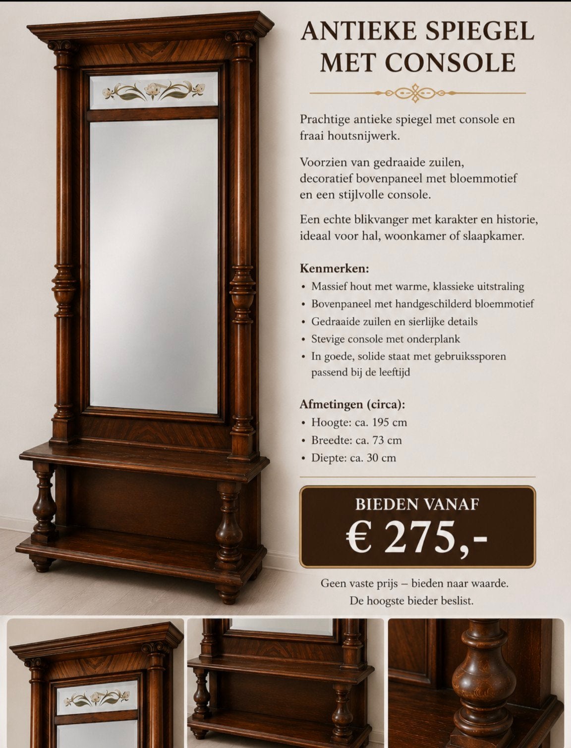 Antieke  Mahonie spiegel met console, Antiek en Kunst, Antiek | Spiegels, Ophalen, Rechthoekig, Minder dan 50 cm