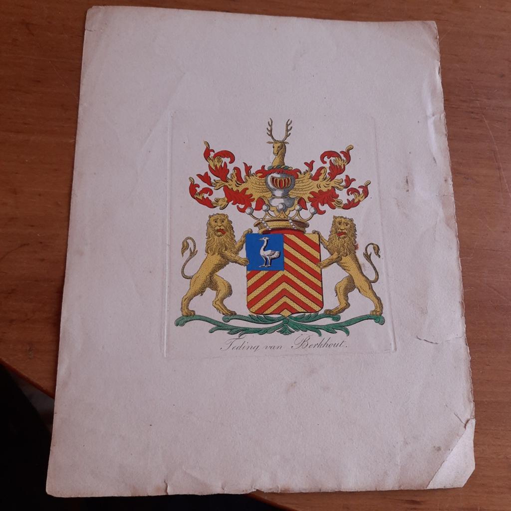 Antieke Kopergravure Heraldiek Teding van Berhout, Antiek en Kunst, Verzenden