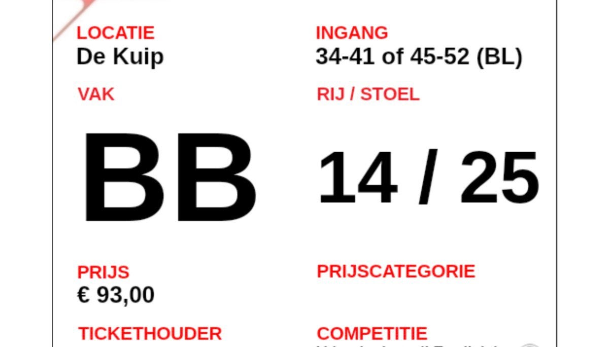 Feyenoord AZ (10 oktober) vak BB stoel 14 rij 25, Eén persoon, Oktober