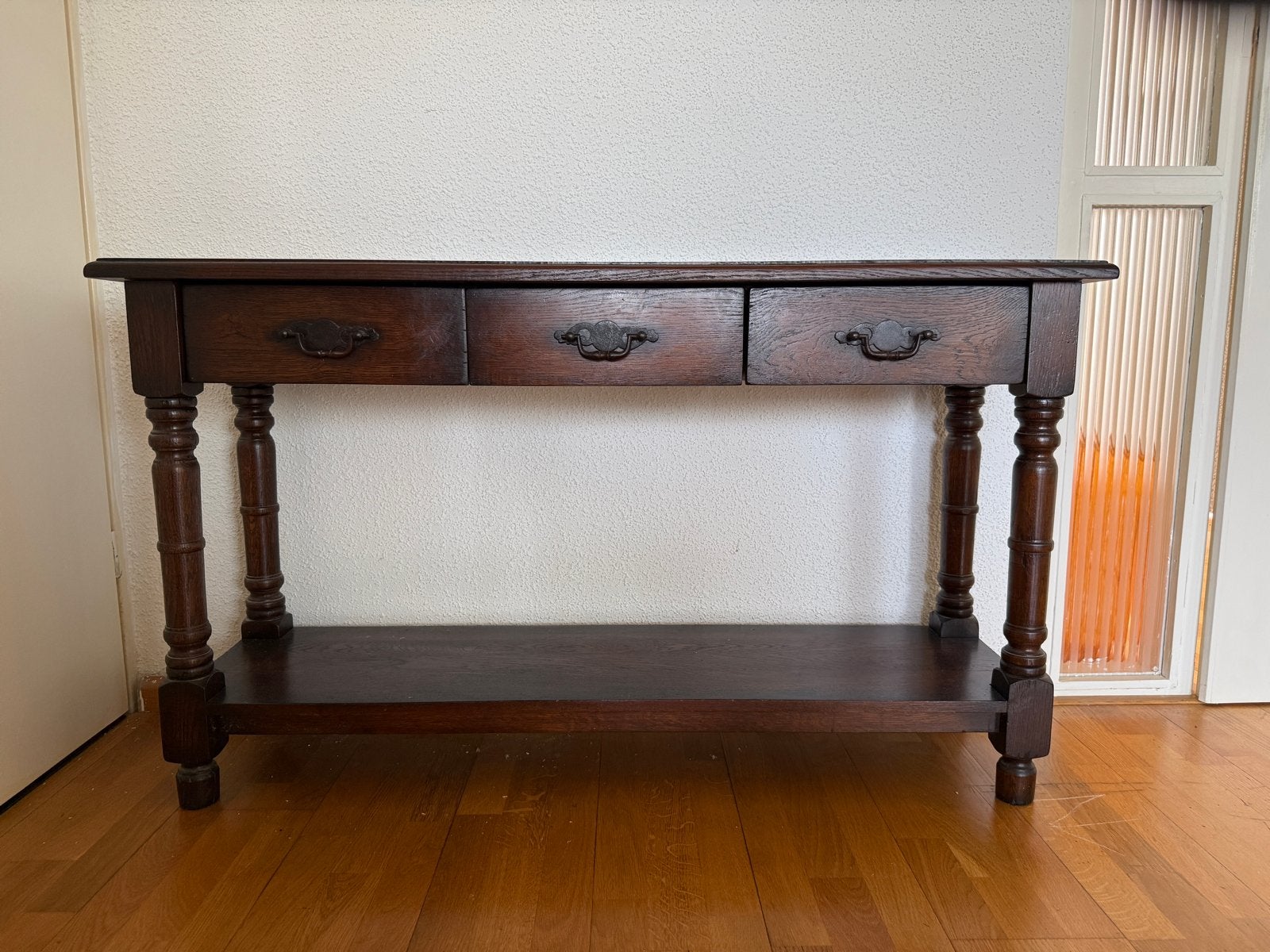 Antieke sidetable met 3 lades en onderblad - 120x34x70 cm, Ophalen, Gebruikt, 100 tot 150 cm, Overige houtsoorten
