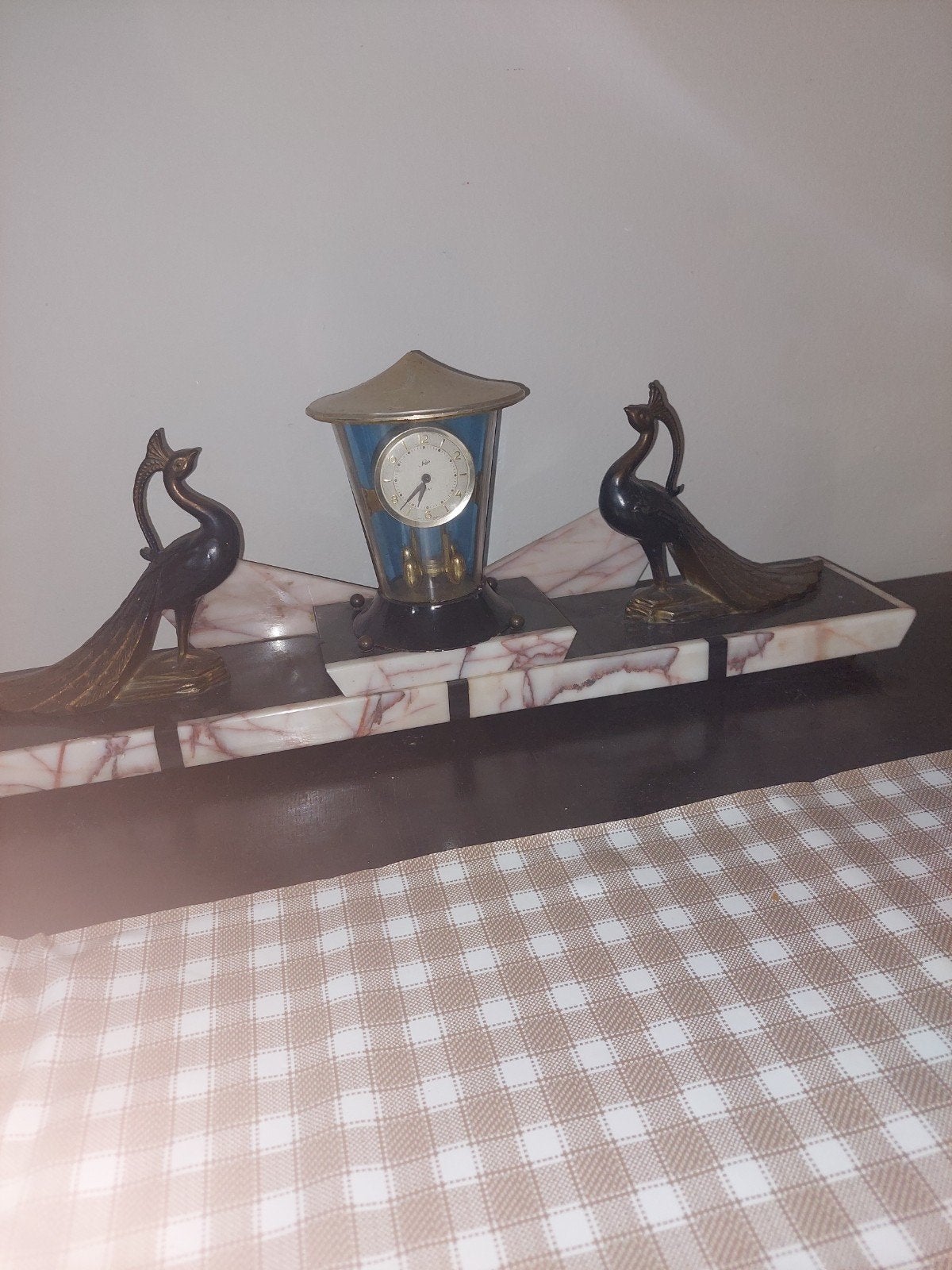 Marmeren  art deco Schouwklok met Werkend Klokje en Pauwen, Ophalen of Verzenden