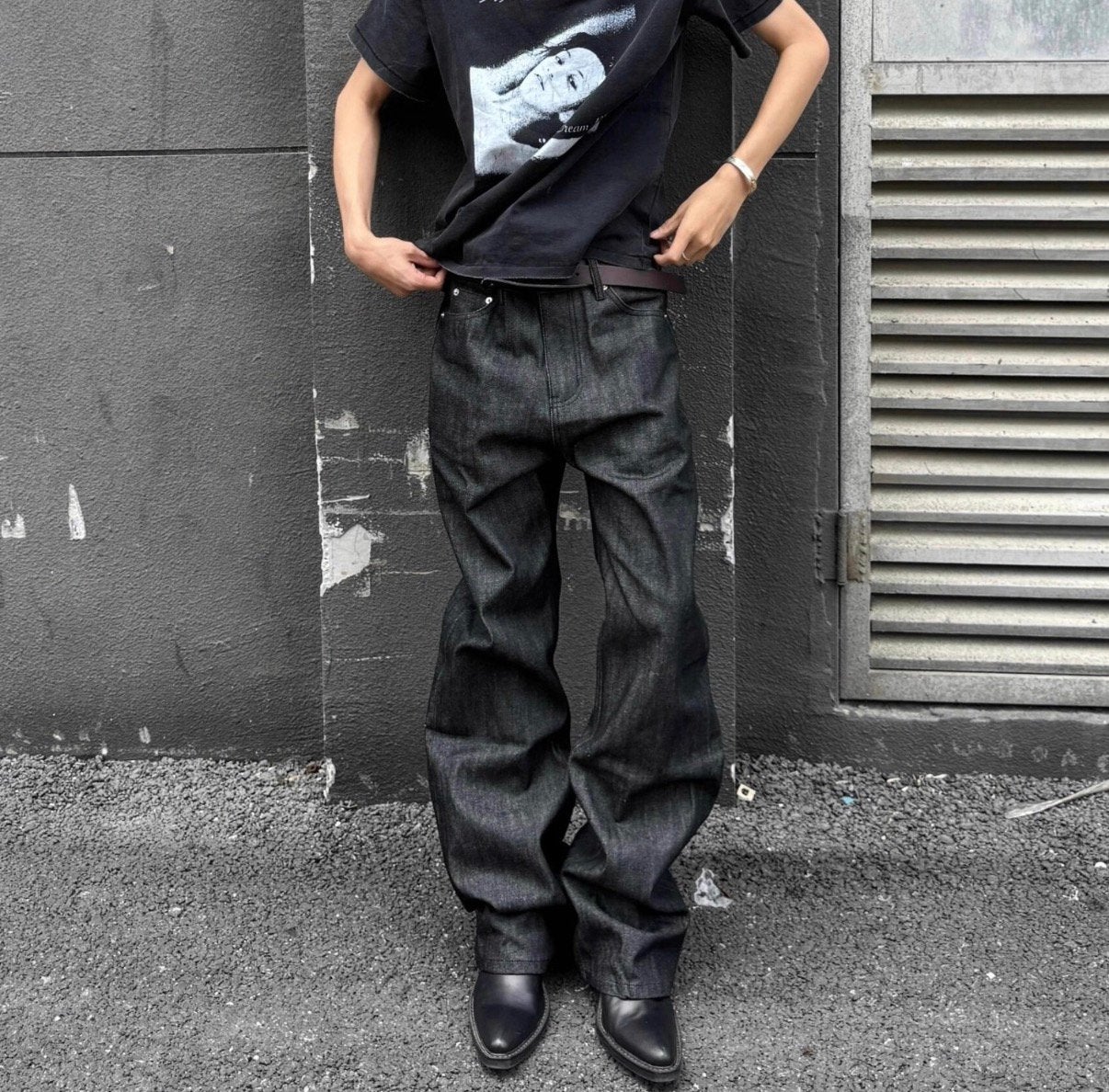 Raw Denim Flared Jeans Loose Straight-Leg Floor-Length Pants, Ophalen, Nieuw, Zwart, W33 - W34 (confectie 48/50)