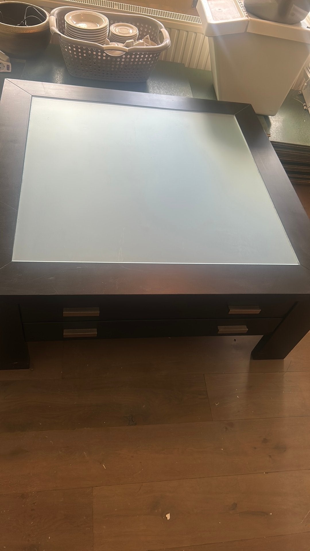 Zwarte salontafel 110x110x45cm met glasplaat, Ophalen, Gebruikt, 100 tot 150 cm, Vierkant