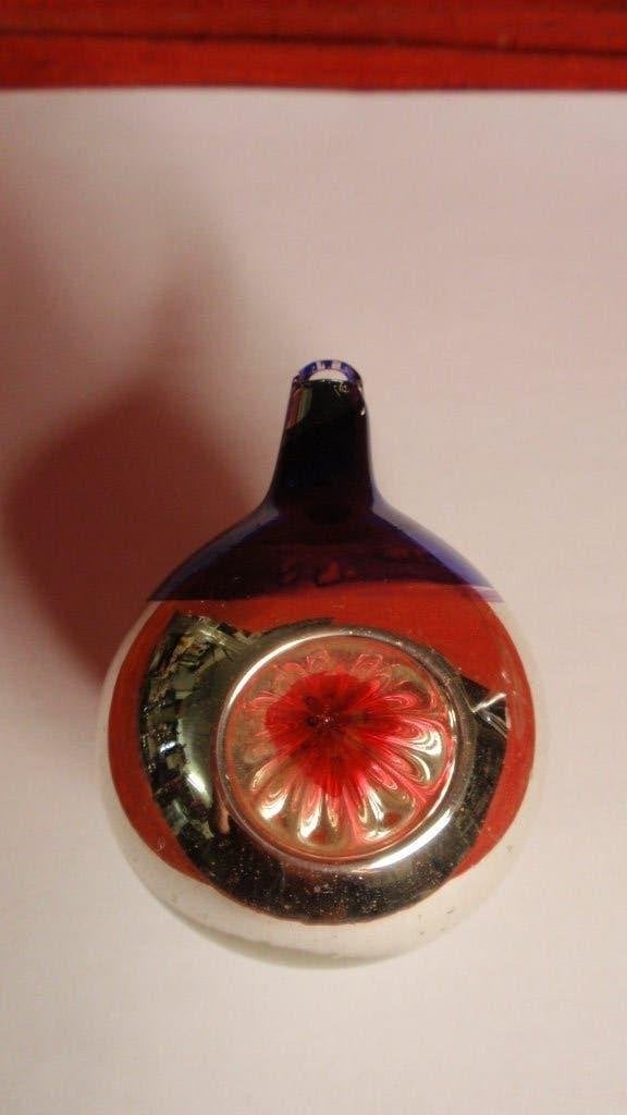 Oude glazen kerstbal Ajeko 3 zonnetjes en blauw, Ophalen of Verzenden, Gebruikt