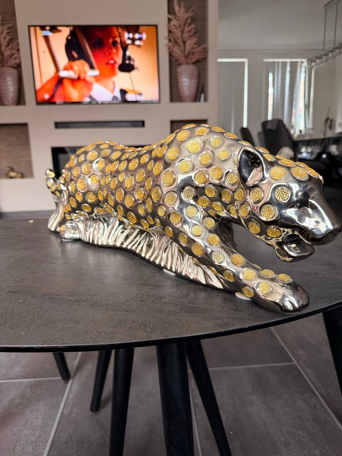 Grote decoratieve panter/cheetah beeld zilver/goud, Meerkleurig, Overige materialen, Ophalen of Verzenden, Zo goed als nieuw