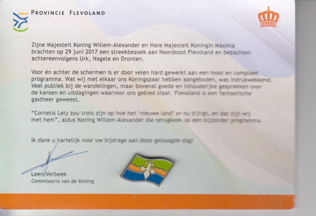 Pin Flevoland, bezoek koningspaar 2017, Verzenden, Nieuw, Overige onderwerpen, Speldje of Pin