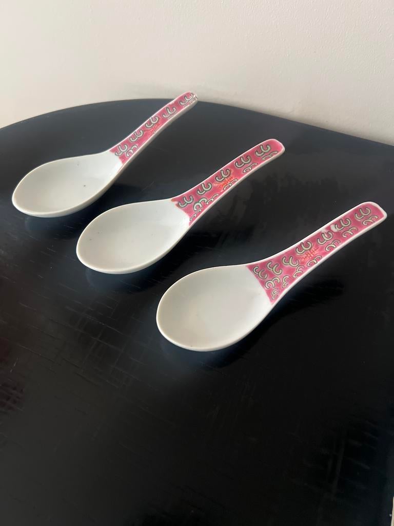 Set van 3 Chinese porseleinen lepels, roze patroon, Ophalen of Verzenden