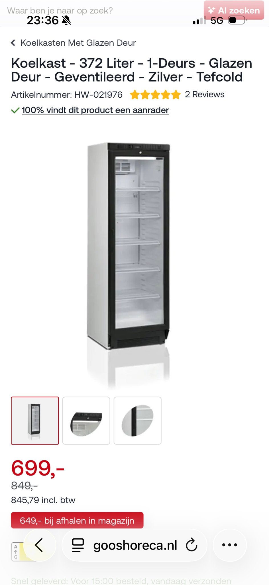 Tefcold Koelkast - Zo goed als nieuw, met verlichting, Minder dan 75 liter, Ophalen, Zo goed als nieuw, Zonder vriesvak
