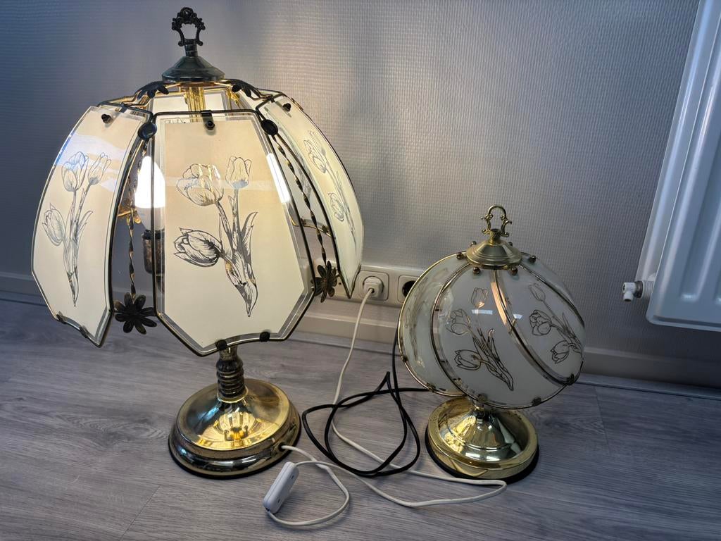 2x Hollywood regency tafellampen met tulpen motief, Huis en Inrichting, Hollywood regency, Ophalen of Verzenden, Zo goed als nieuw