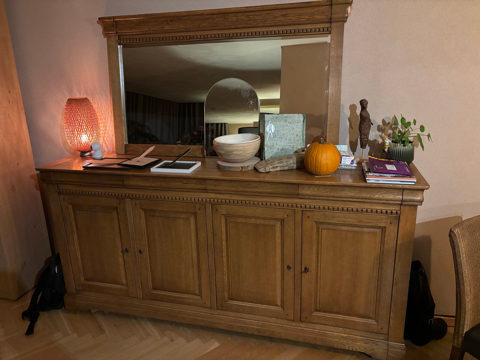 Eiken Dressoir met Spiegel - Landelijke Stijl, Ophalen, Gebruikt, Eikenhout, 200 cm of meer