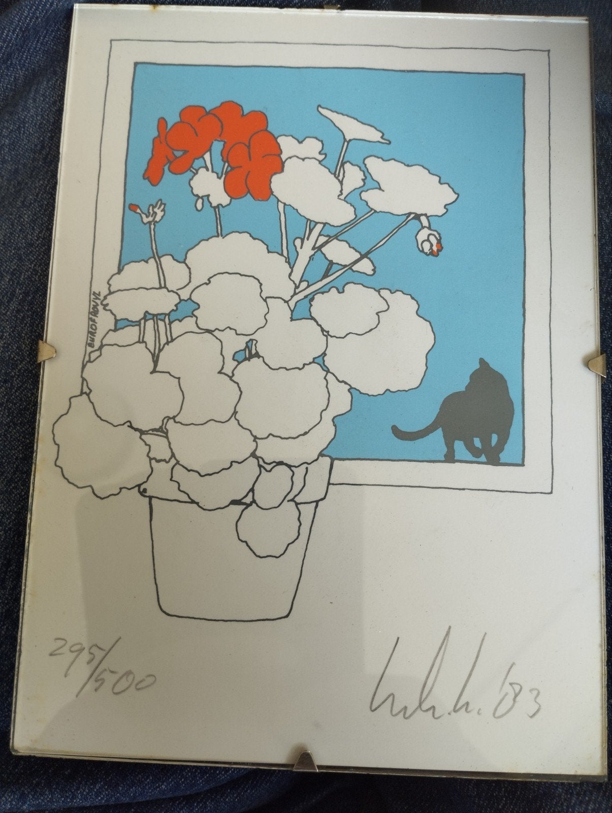 Zeefdruk Kat en Geraniums, gesigneerd en genummerd, 1983, Antiek en Kunst, Ophalen, 1950 - 1999, Gesigneerd, Flora en Fauna