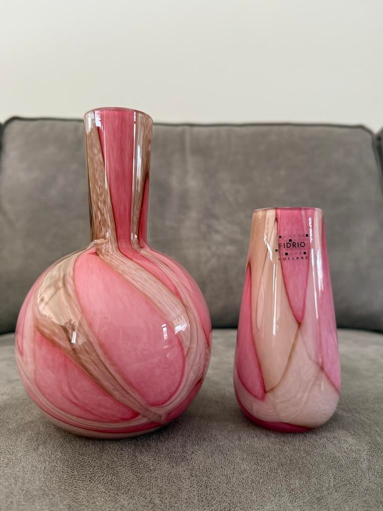 Fidrio Holland Vazen Set - Roze/Beige Swirlpatroon, Overige kleuren, Ophalen of Verzenden, Minder dan 50 cm, Glas