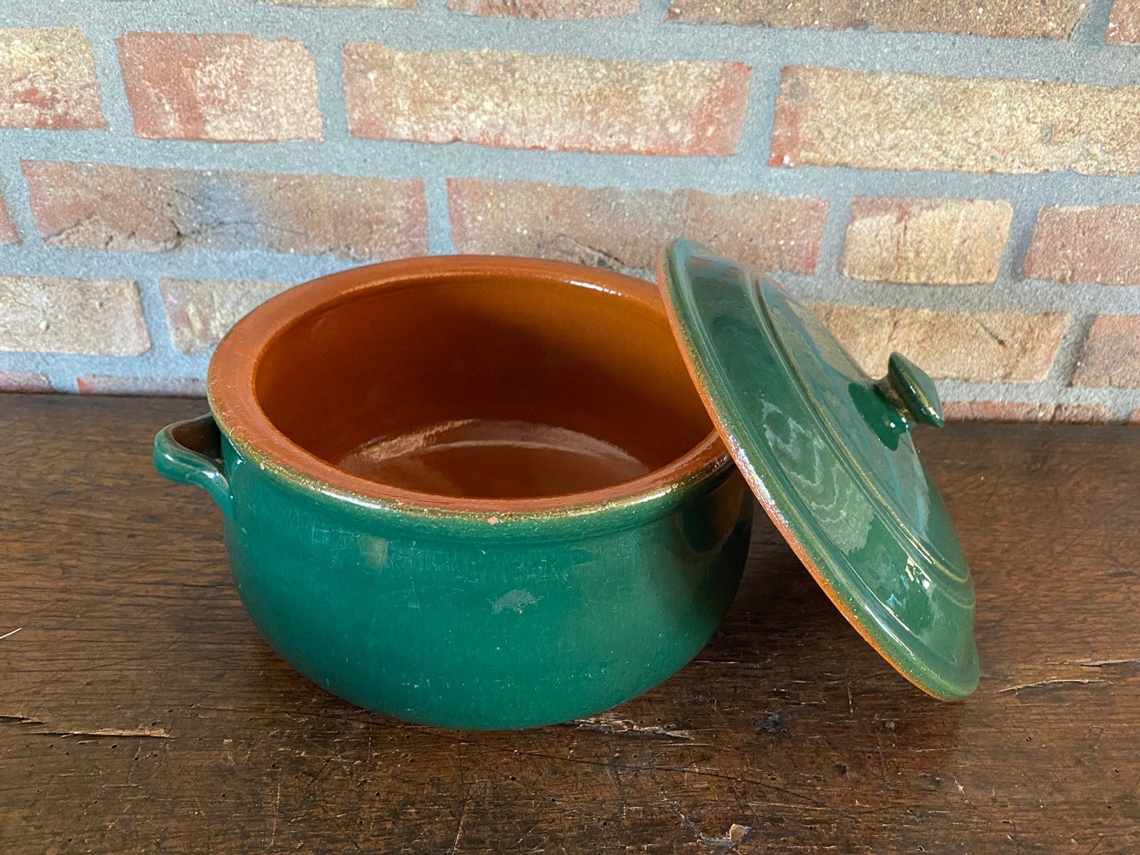 Brocante kookpot van groen geglazuurd aardewerk., Ophalen of Verzenden