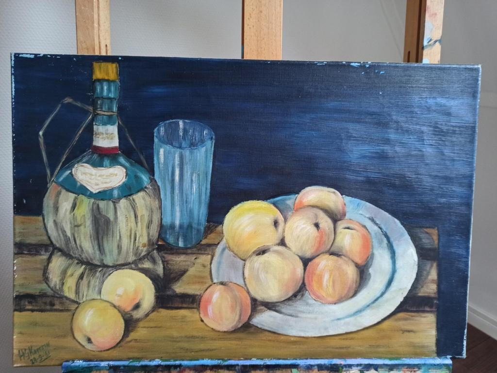Stilleven met fles en fruit, Antiek en Kunst, Kunst | Schilderijen | Klassiek, Ophalen