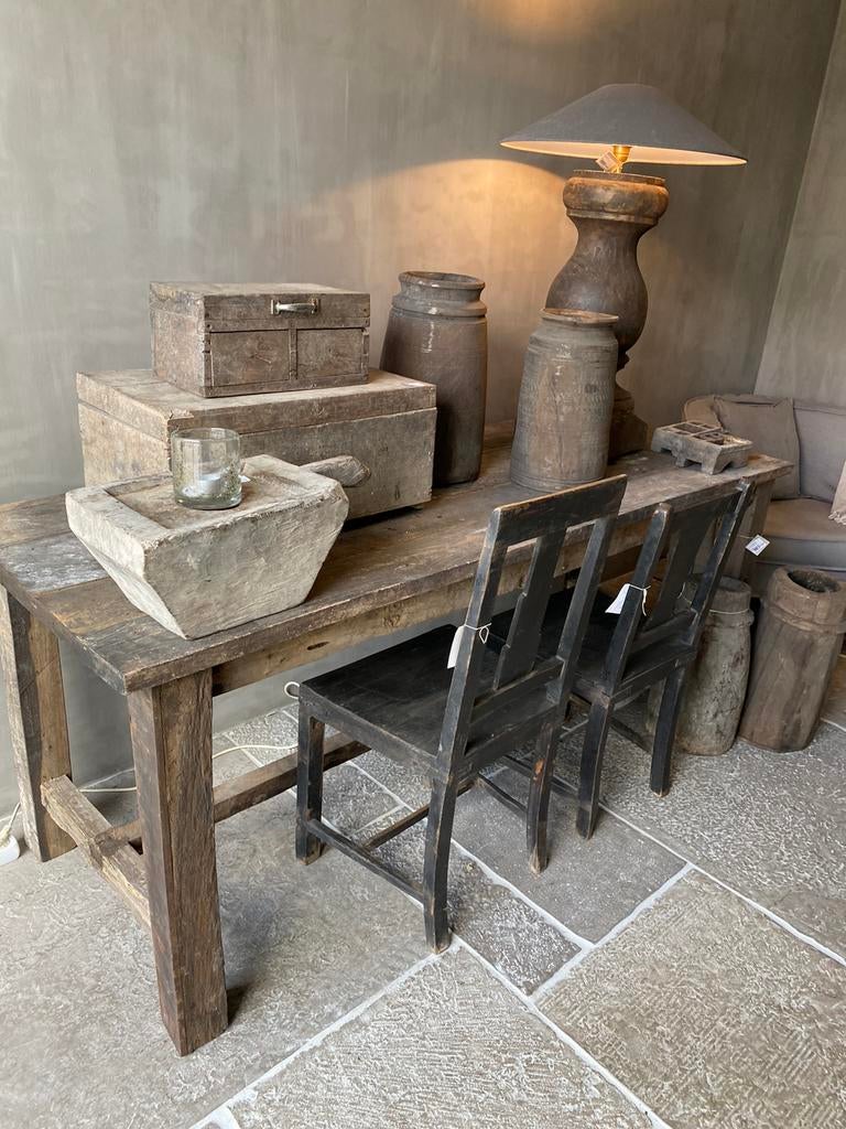 Landelijke oud houten tafel buro stoer kast pot kist lamp, Ophalen of Verzenden, Rechthoekig, Metaal