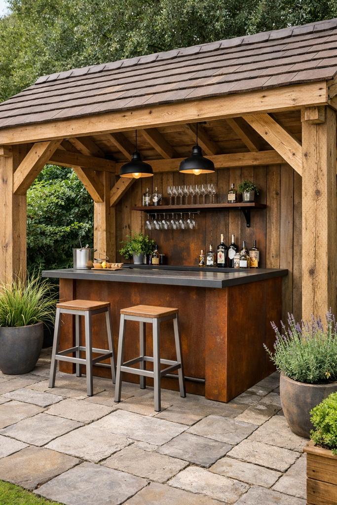 Cortenstaal tuinbar mancave, Ophalen, Zo goed als nieuw, Zonder ramen