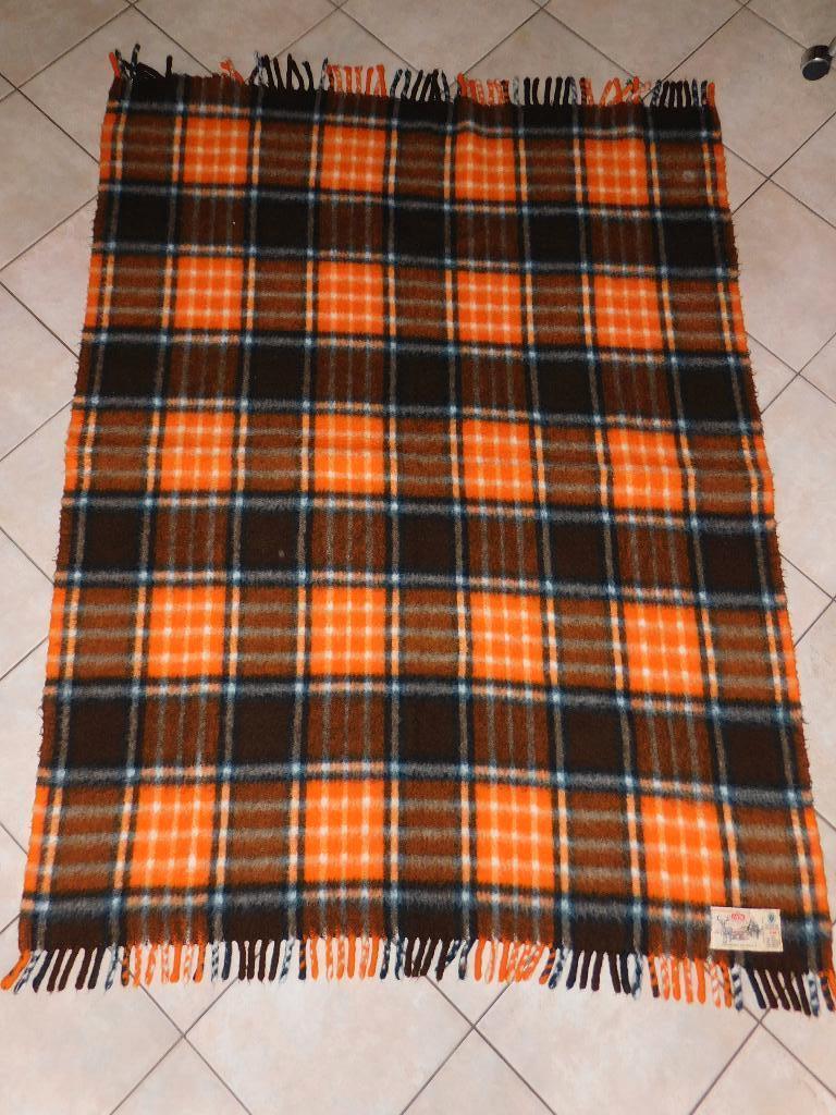 Vintage deken met franje van Aabe (Dralon), geblokt oranje,, Verzamelen, Ophalen of Verzenden, Huis en Inrichting