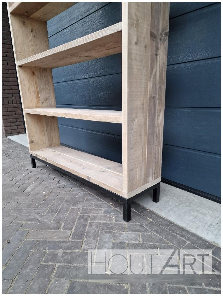 Boekenkast stalen onderframe met steigerhout legplanken, Overige houtsoorten, 200 cm of meer, Info@hout-art.nl, Nieuw