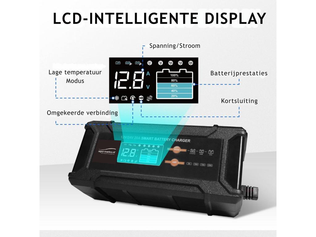 LiFePO4 Acculader 12V/24V - 20A/10A | Smart Battery Charger, Info@aqua-marina.nl, Aqua-Marina.NL, Nieuw, Smart