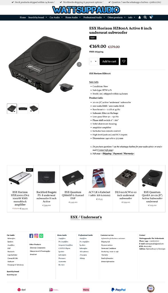 ESX Horizon HZ800A Active 8 inch underseat subwoofer, Auto diversen, Audio Design, Nieuw, Am Breilingsweg 3, 76709 Kronau, Duitsland