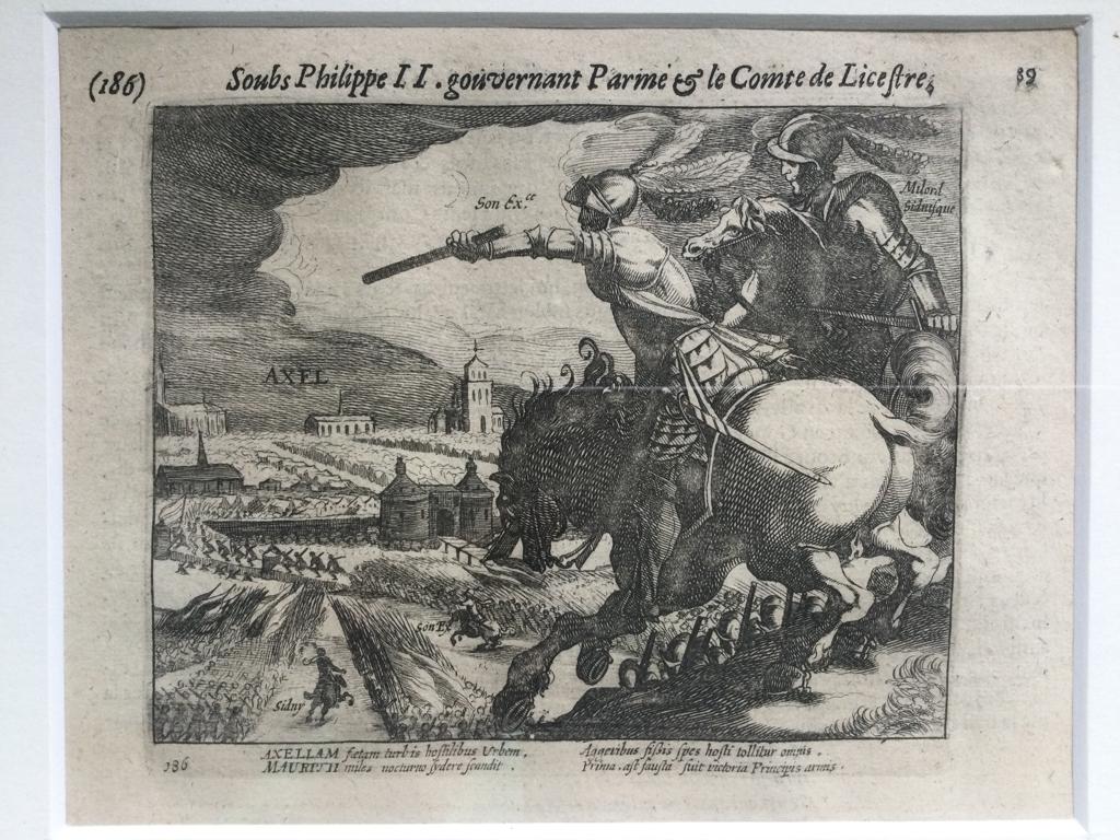 Kopergravure (uit 1616) verovering Axel 1586 door Maurits, Ophalen of Verzenden