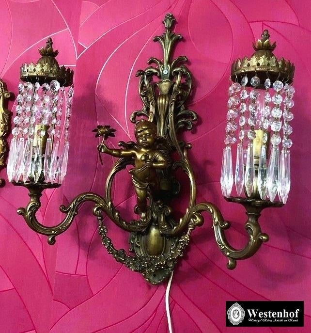 2 Arms kristallen wandlamp brons barok engel - cupido beeld, Antiek en Kunst, Ophalen of Verzenden