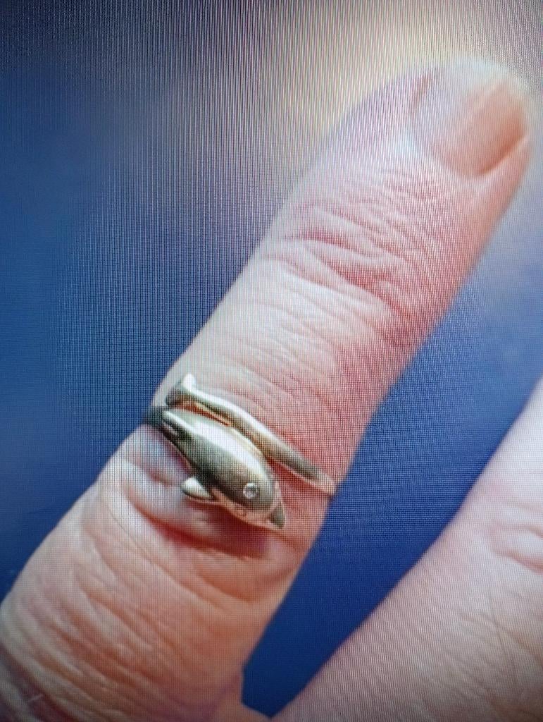 gouden 585 Dolfijnen ring met briljantje erin, Sieraden, Tassen en Uiterlijk, Ringen, Ophalen of Verzenden, Dame, Goud, Goud
