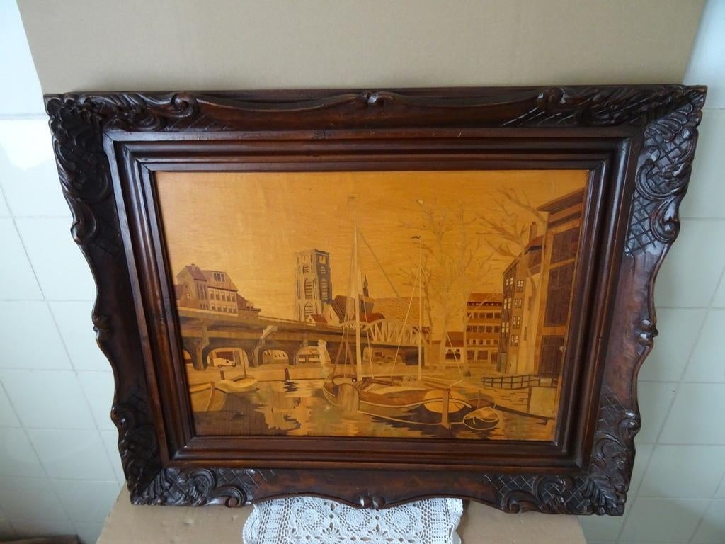Ingelegd hout schilderij Rotterdam 78x63cm Intarsia 1948, Ophalen of Verzenden