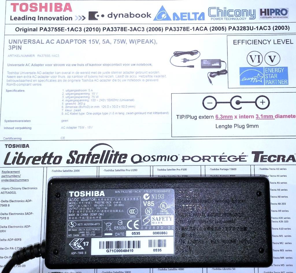 Toshiba Pro PA3378E-1ACA 15V 5A 75W Adapter 6.3x3.0 oplader, Ophalen of Verzenden, Zo goed als nieuw, Toshiba