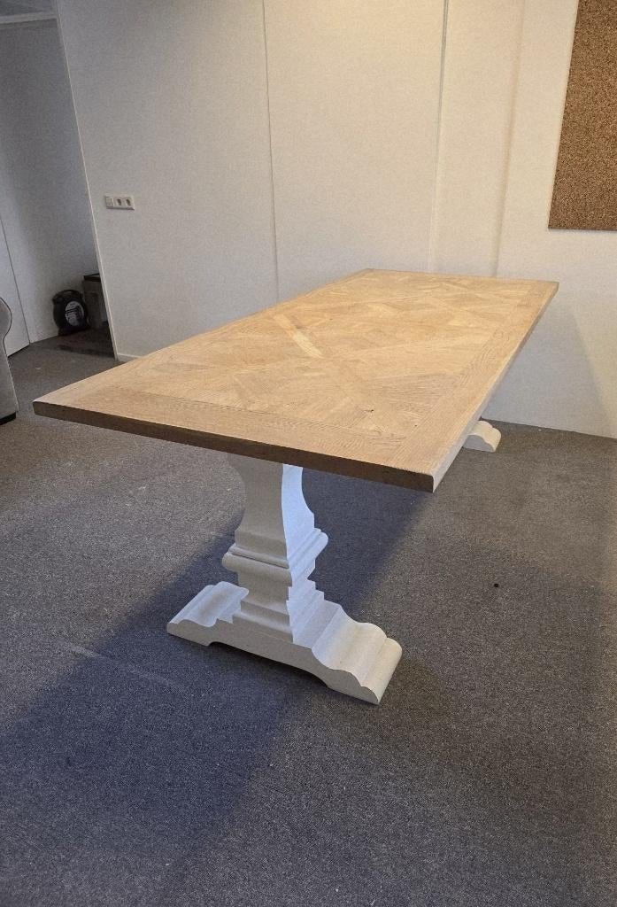 Massief eiken kloostertafel 220x100 IngelegdKasteelvloerblad, Ophalen, 100 tot 150 cm, EigenMeubelmakerij@EigenMeubelmakerij.nl