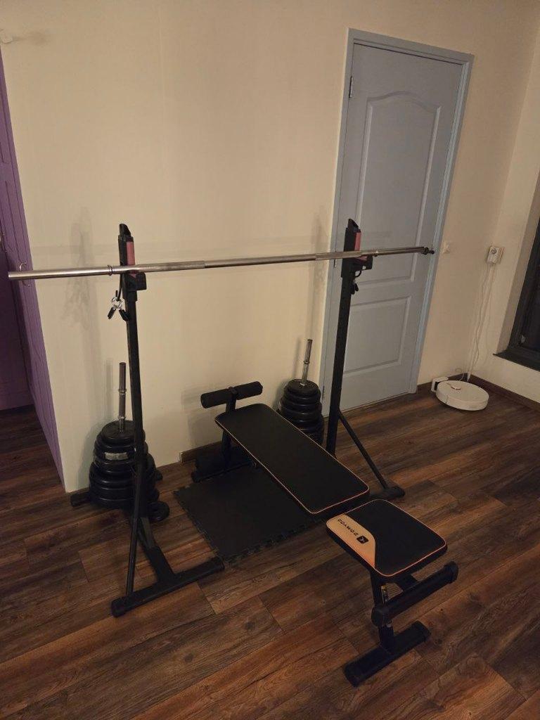 Homegym - barbell 180cm, schijven 97kg, bench, squat rack, Ophalen, Gebruikt, Benen, Halterset