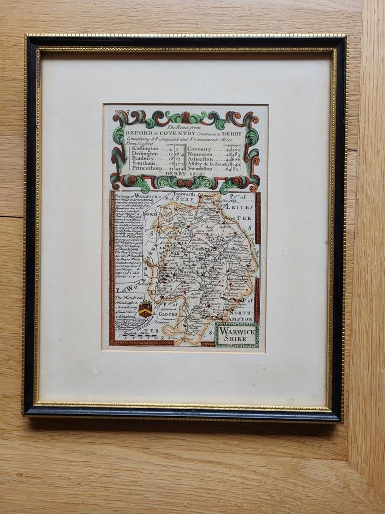 Oude Ingelijste Landkaart Warwicke Shire, Engeland (1720), Antiek en Kunst, Ophalen of Verzenden