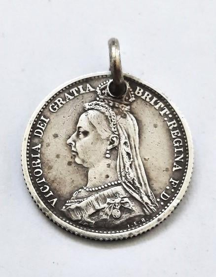 Antiek zilveren munt hangertje Victoria dei gratia 1887, Ophalen, Zilver, Hanger