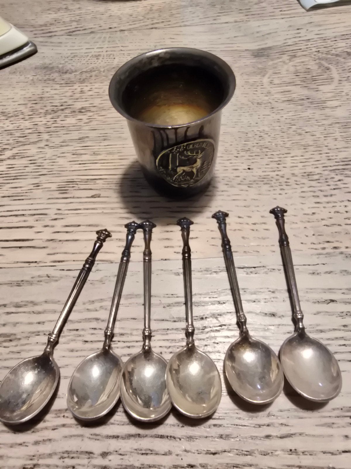 Vintage  verzilverde beker met 6 lepeltjes, Ophalen of Verzenden