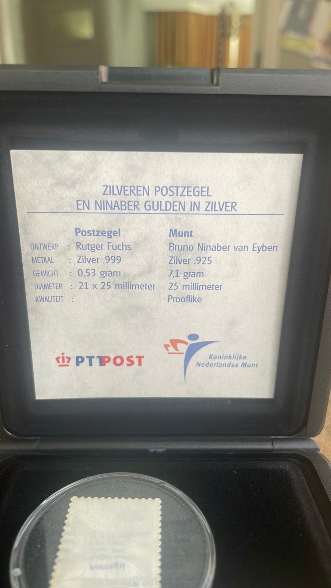 Zilveren postzegel en ninaber gulden zilver, Postzegels en Munten, Munten | Nederland, Ophalen, Koningin Beatrix, Zilver