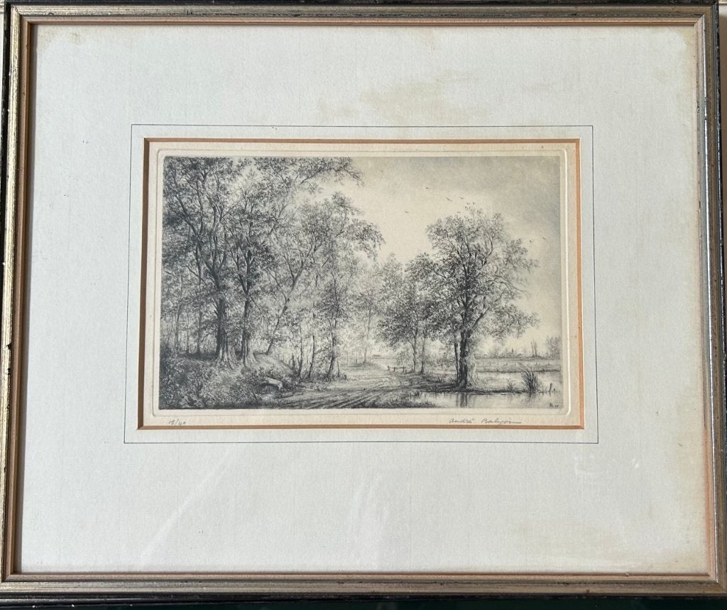 André Balyon (Landschap met bomen en een kerkje in de verte), Overige technieken, Ophalen of Verzenden, Klassiek, Achter glas