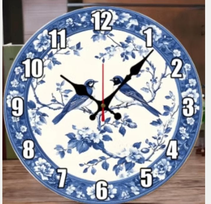 Ronde wandklok van hout Vogeltjes Delfts Blauw (25cm), Ophalen of Verzenden, Nieuw, Wandklok