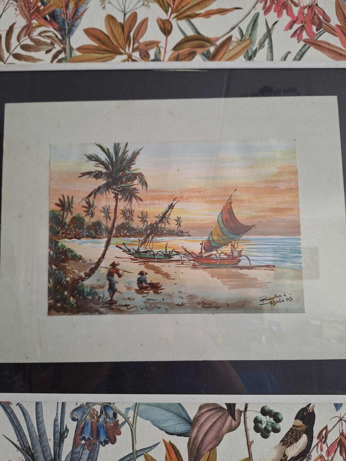 Schilderij Bali 2003 - Strandgezicht met boten en palmen, Maritiem / water, Realistisch, Gedateerd, Ophalen of Verzenden