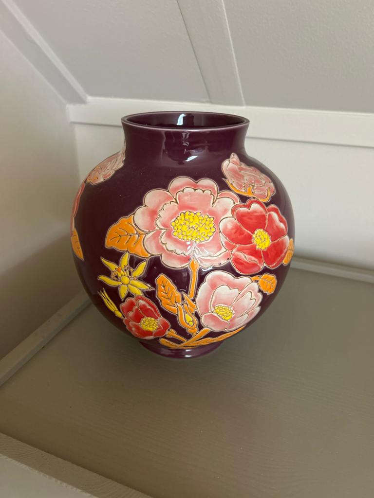 Mica Vaas Eloise Paars met Bloemen - Handgemaakt, Antiek en Kunst, Ophalen of Verzenden