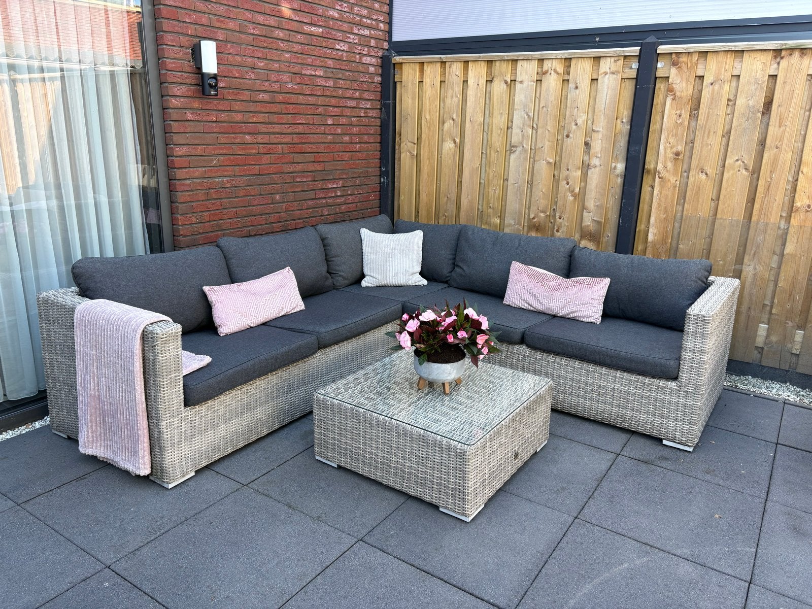 Loungeset Wicker beige met grijze kussens - Tuinset, Ophalen, 5 zitplaatsen, Zo goed als nieuw, Loungeset