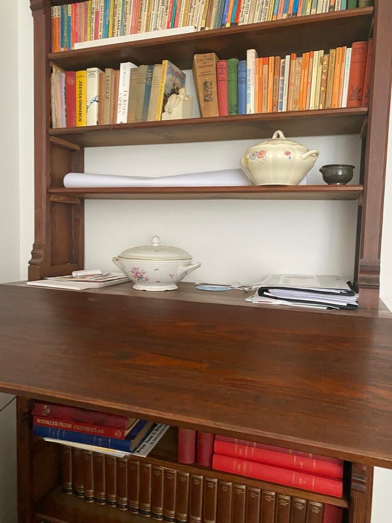 Antieke Boekenkast met Bureau - Klassiek Houten Design, Huis en Inrichting, Gebruikt, 200 cm of meer, Ophalen of Verzenden, 25 tot 50 cm