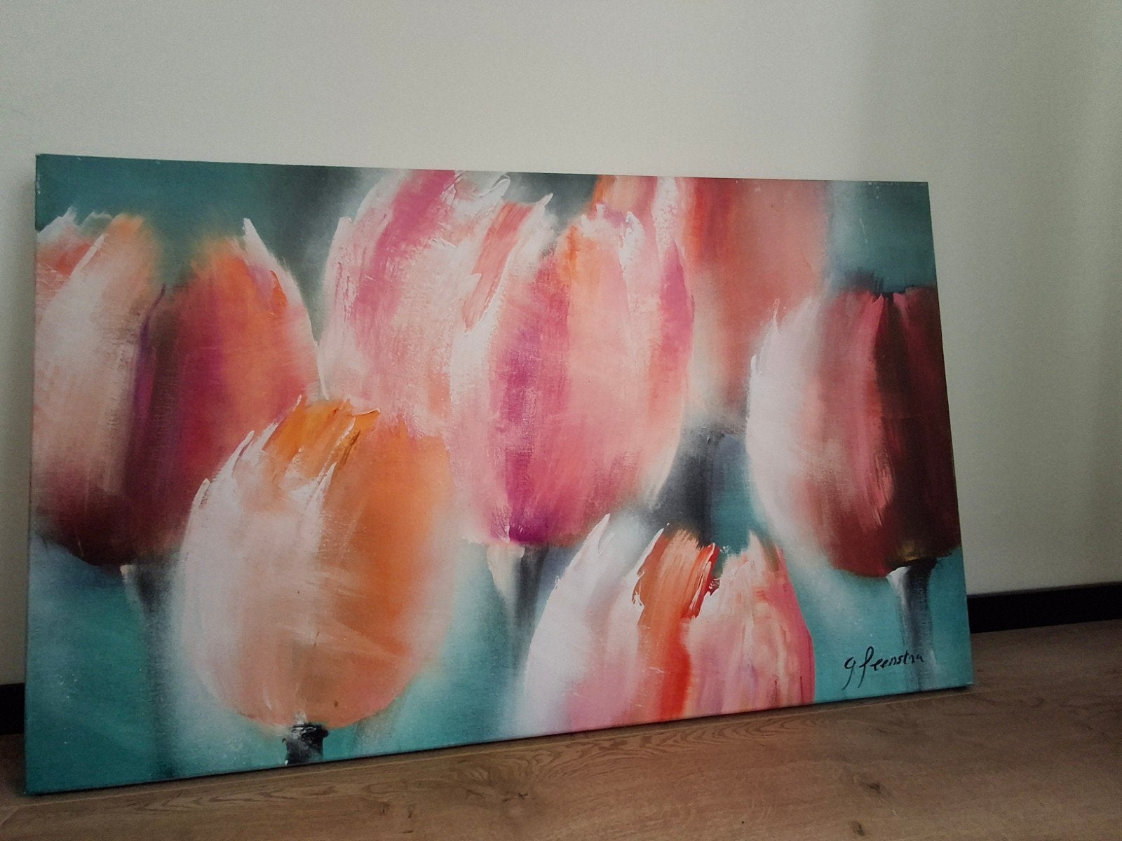 Schilderij met kleurrijke tulpen - Handgeschilderd, Ophalen of Verzenden