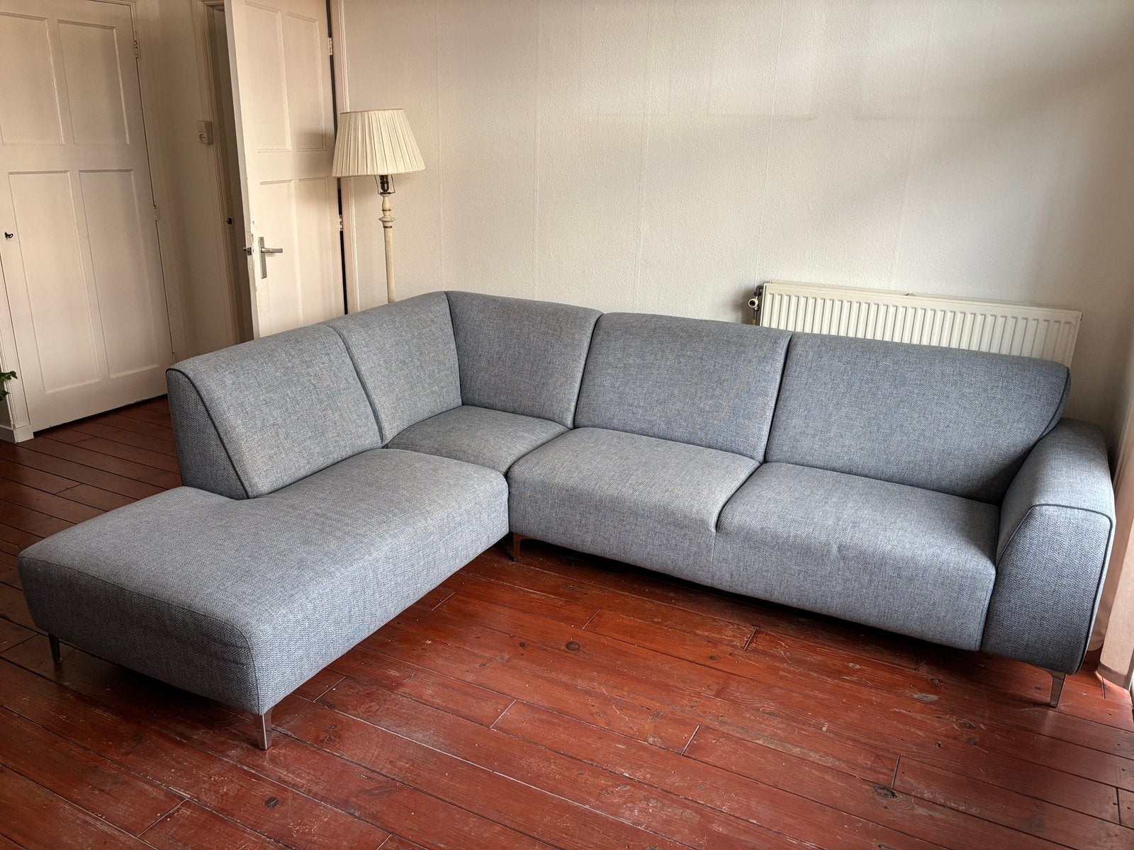 Blauwe hoekbank met chaise lounge links, Ophalen, Gebruikt, Stof