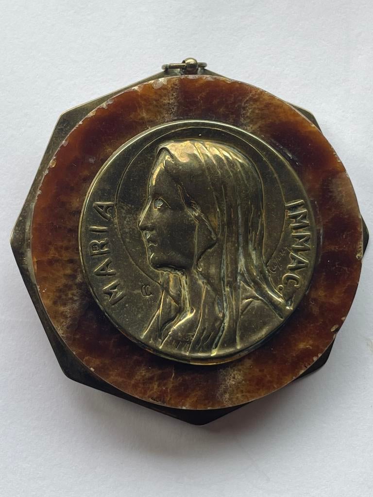 Antieke Maria Plaquette-Oscar Ruffony, Art Deco brons/marmer, Antiek en Kunst, Ophalen of Verzenden