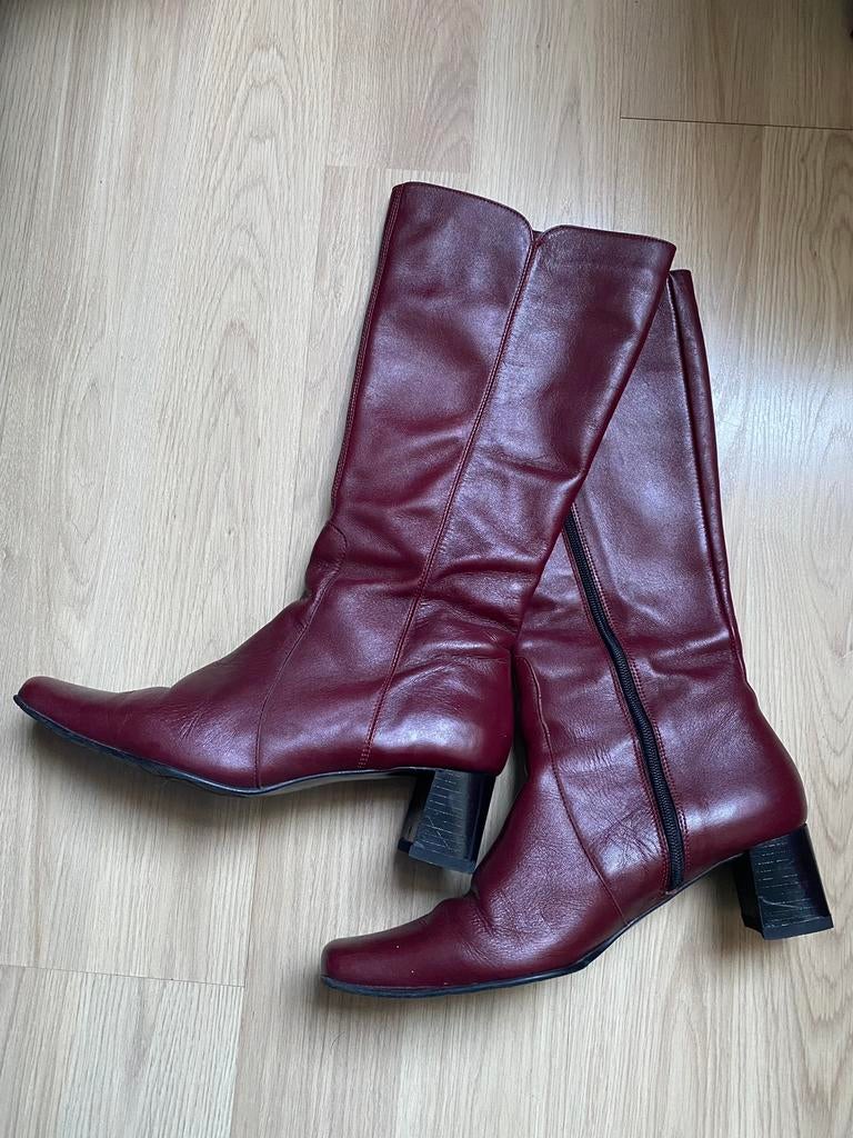 Vintage leren laarzen bordeaux rood maat 40, Verzenden, Rood, Hoge laarzen