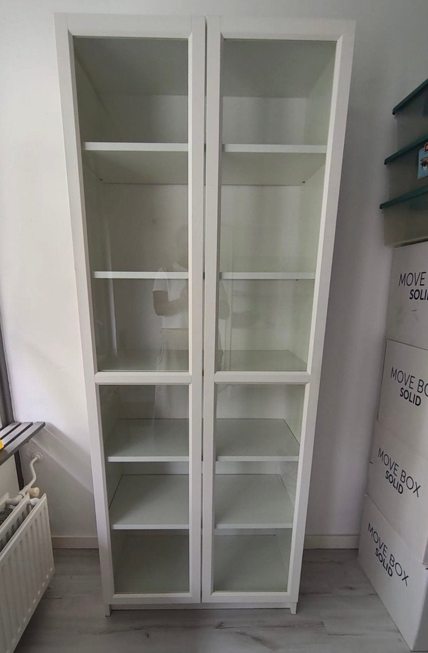 Drie Billy boekenkasten met Oxberg deuren (ook los te kopen), Ophalen, Gebruikt, 200 cm of meer, 50 tot 100 cm