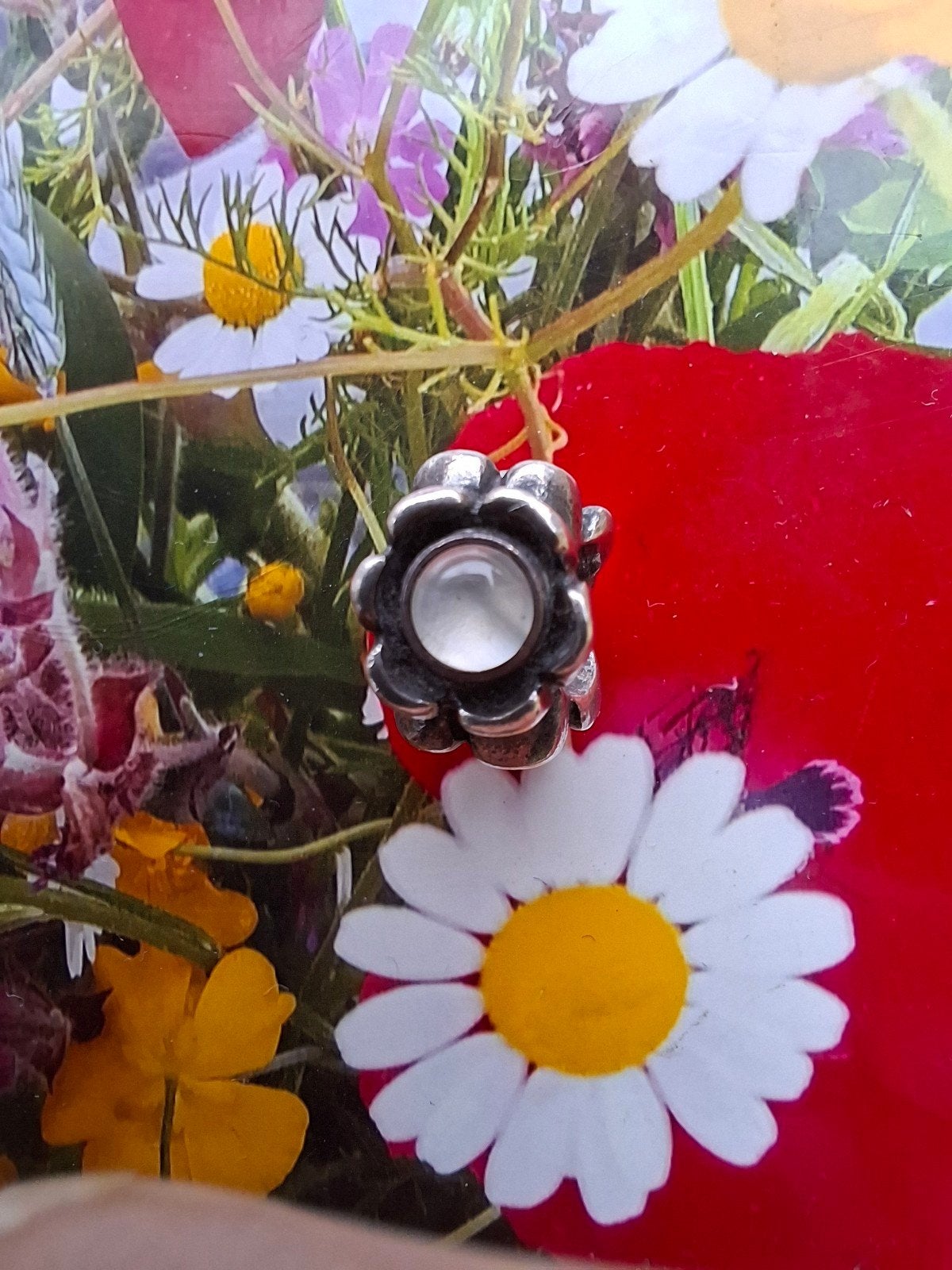 Pandora madeliefje met 3 maanstenen, Ophalen of Verzenden, Zo goed als nieuw, 1 bedel, Zilver