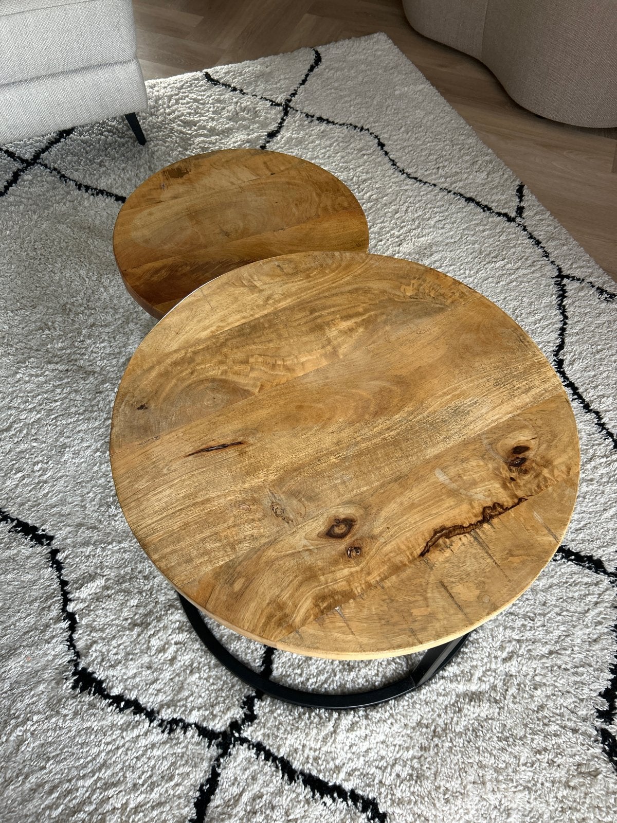 Loods5 Set van 2 ronde salontafels van mangohout en metaal, Ophalen, 50 – 75, Rond, 50 tot 100 cm