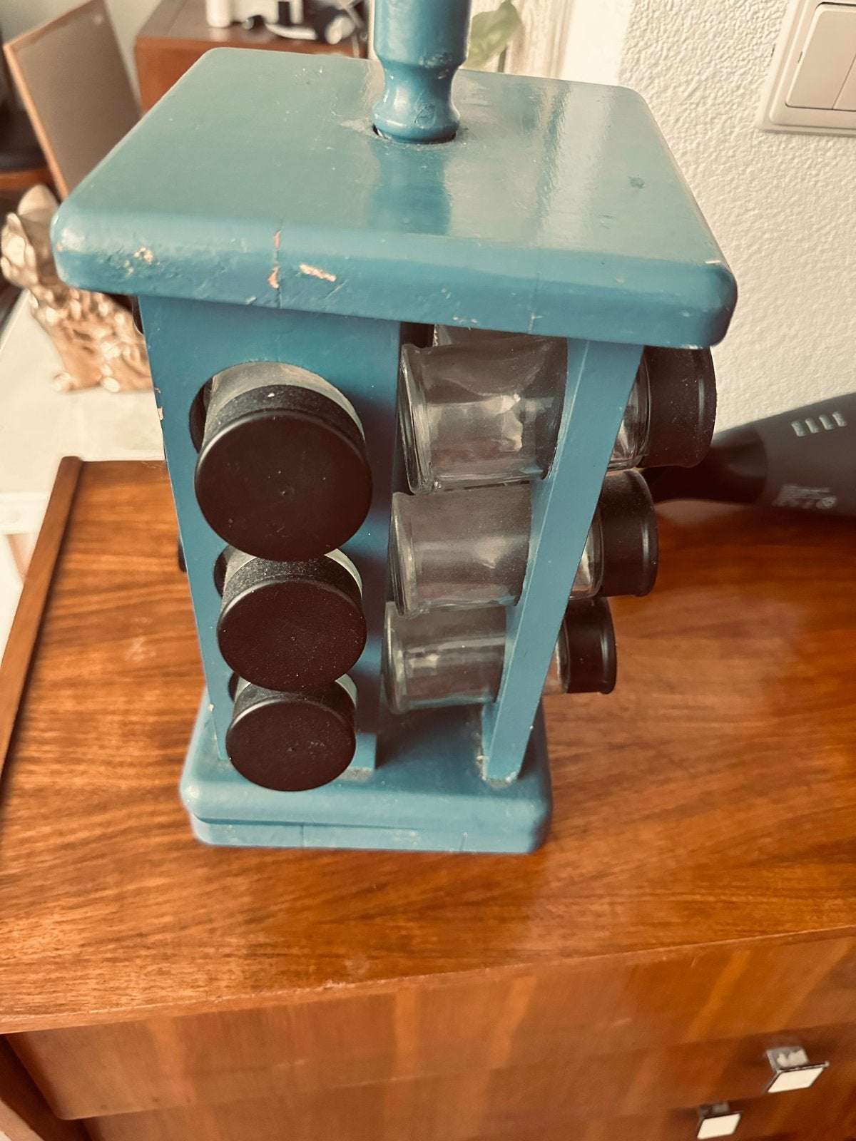 Vintage Kruidenrekje met Potjes - Blauw Hout, Ophalen of Verzenden