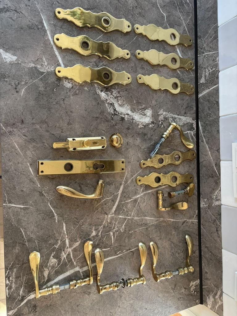 Complete set vintage messing deurbeslag (8 sets), Ophalen, Koper of Messing, Klink of Kruk